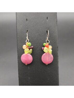 Pink Jade Cluster Dangle Earrings, Mixed Gemstone Bead Drop, Summer Jewelry A815